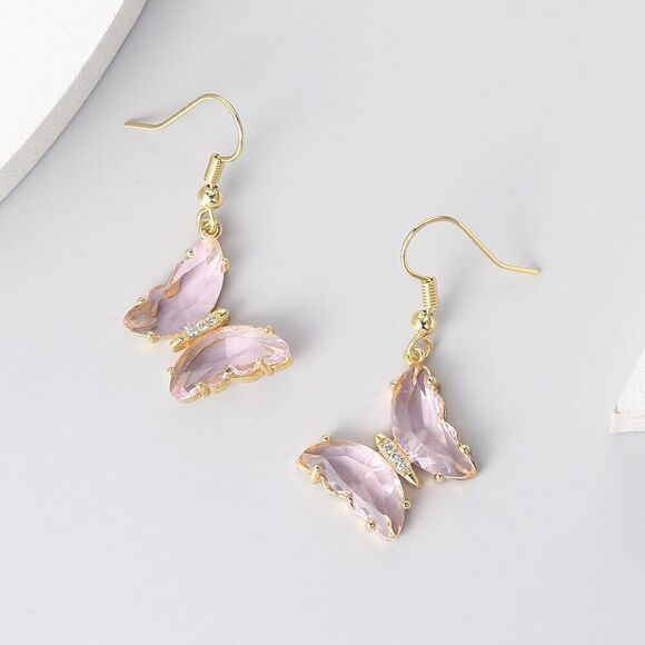 CZ Butterfly Glass Drop Dangle Earrings Silver Post Cubic Zirconia Gold Plated - Picture 2 of 6